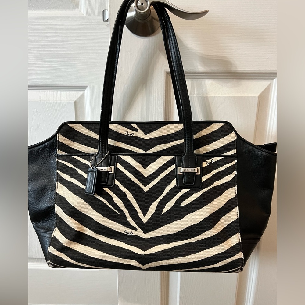 COACH Taylor Black & Tan Zebra Animal Print Leather & Canvas Tote Bag F27009